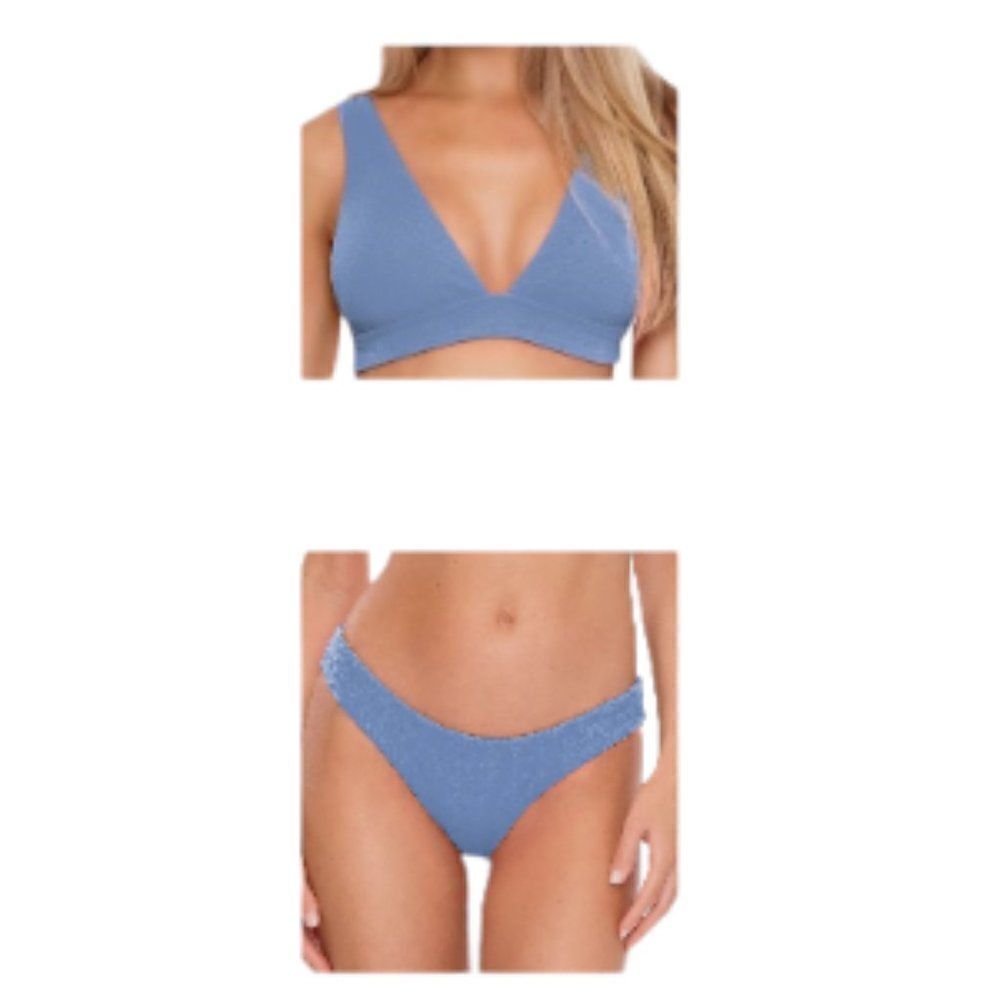 Becca Bonita Halter Bikini Swimsuit Blue Mist Medium Bottoms + D-Cup Top